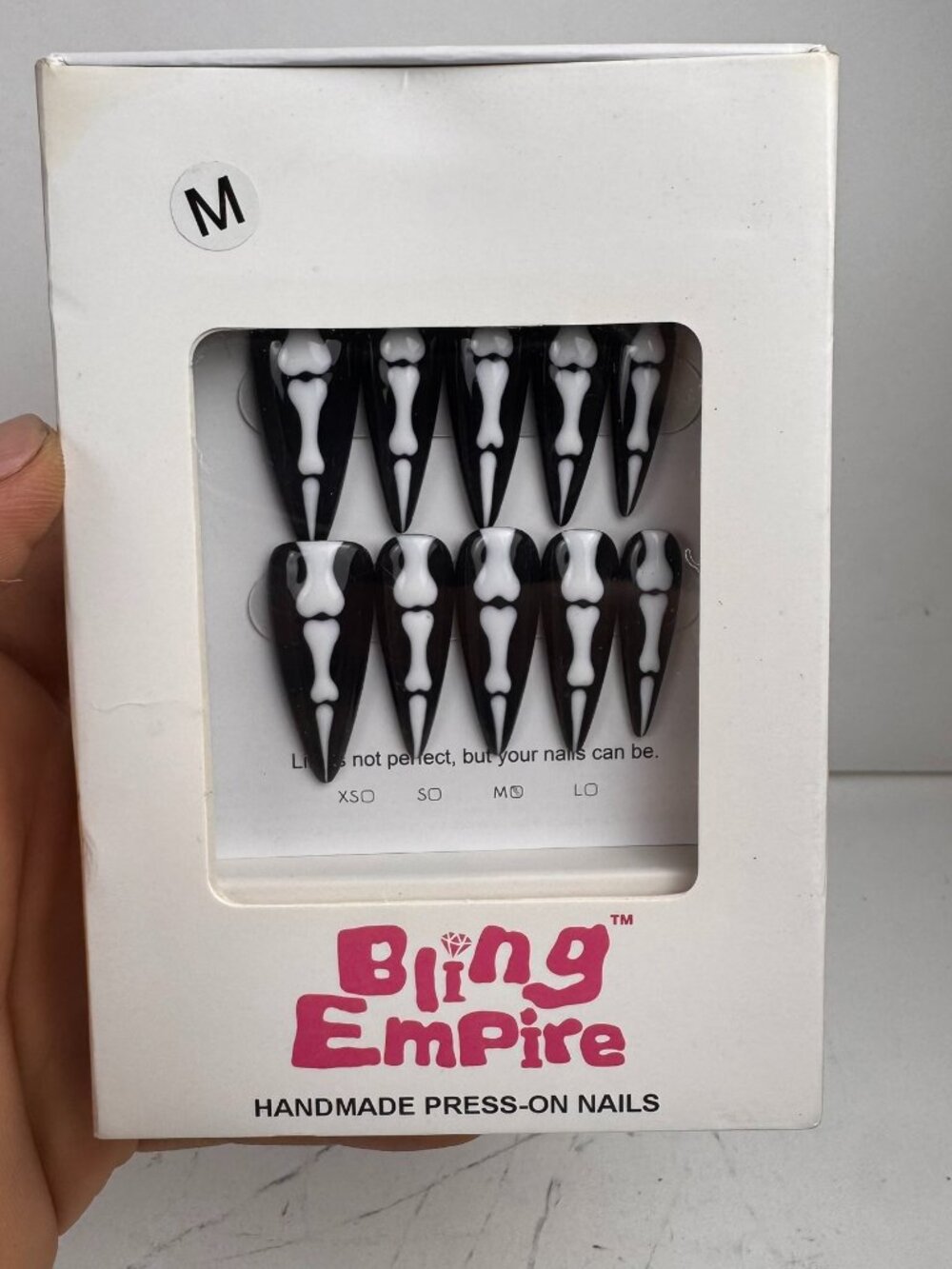 Bling Empire Handmade Press-On Nails Size M Black White Skeleton Bones Halloween